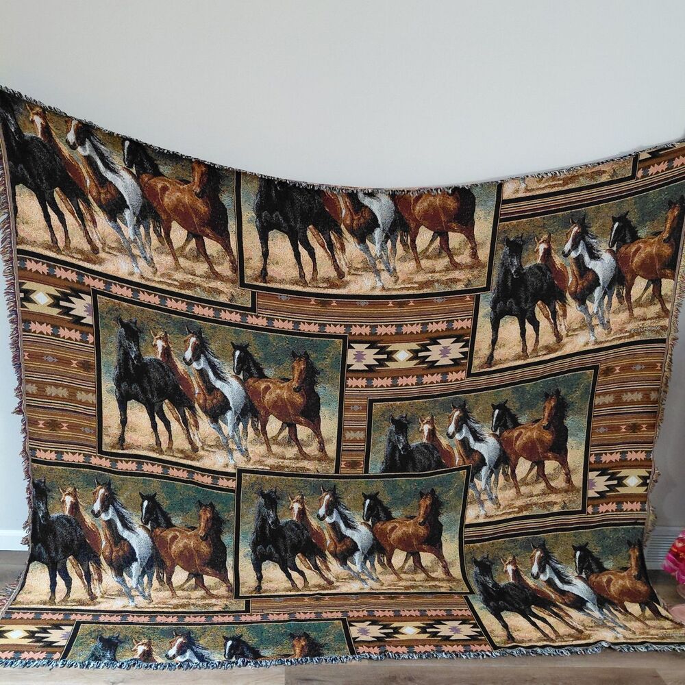 Vintage 90s C. Cummings Horses Fringe Throw Tapestry Blanket 8ft 9" x 7ft 5" USA